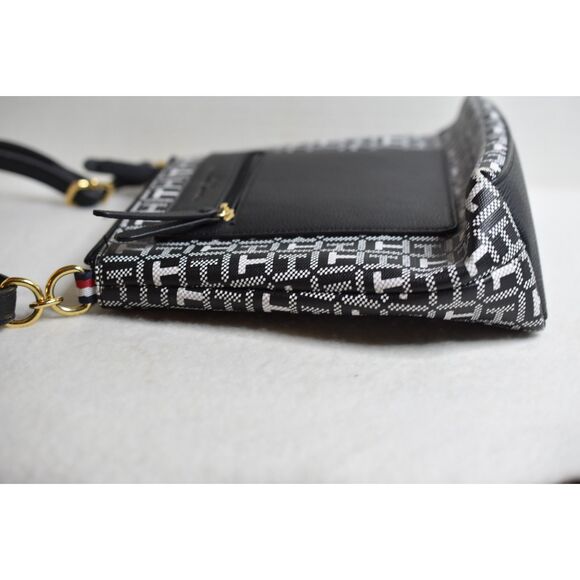 TH Tommy Hilfiger Monogram Jarcquard Black/White Red Accents Crossbody Bag Purse - Picture 4 of 8